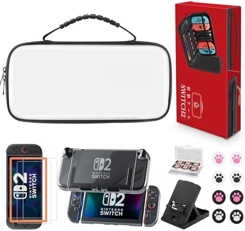 （00:01時点） Switch 2 ケース 【16in1】セット ニンテンドー スイッチ 2 収納バッグ 【保護フィルム2枚+保護カバー+ゲームカード収納ケース+スタンド+スティックカバー8枚】 全面保護 大容量 耐衝撃 防塵 防水 防振 10ゲームカードスロット Nintendo Switch2 対応 旅行 プレゼント 令和7年新登場 ホワイト