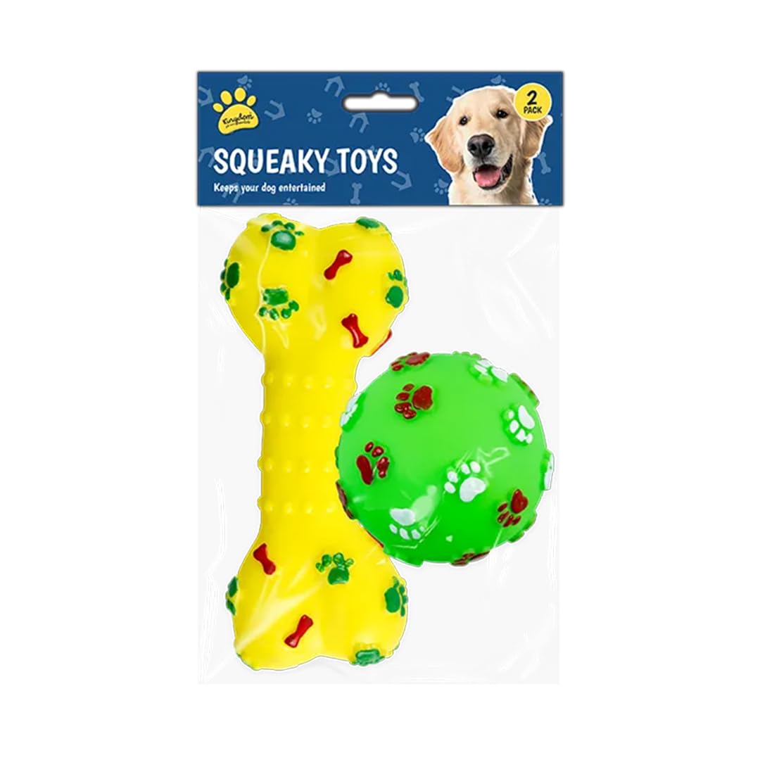 Gem Imports Yellow Bone & Green Ball Squeaky Dog Toys – Pack of 2 PVC Interactive Pet Toys for Exercise & Play