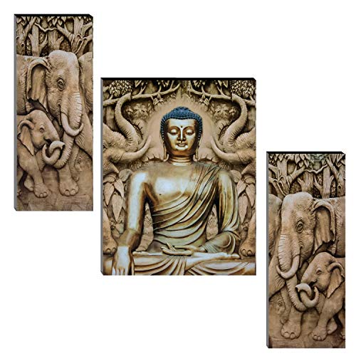 Image of Indianara Set of 3 Gautam Buddha in Meditation MDF Art Painting (3493 FLa) without glass 4.5 X 12, 9 X 12, 4.5 X 12 INCH