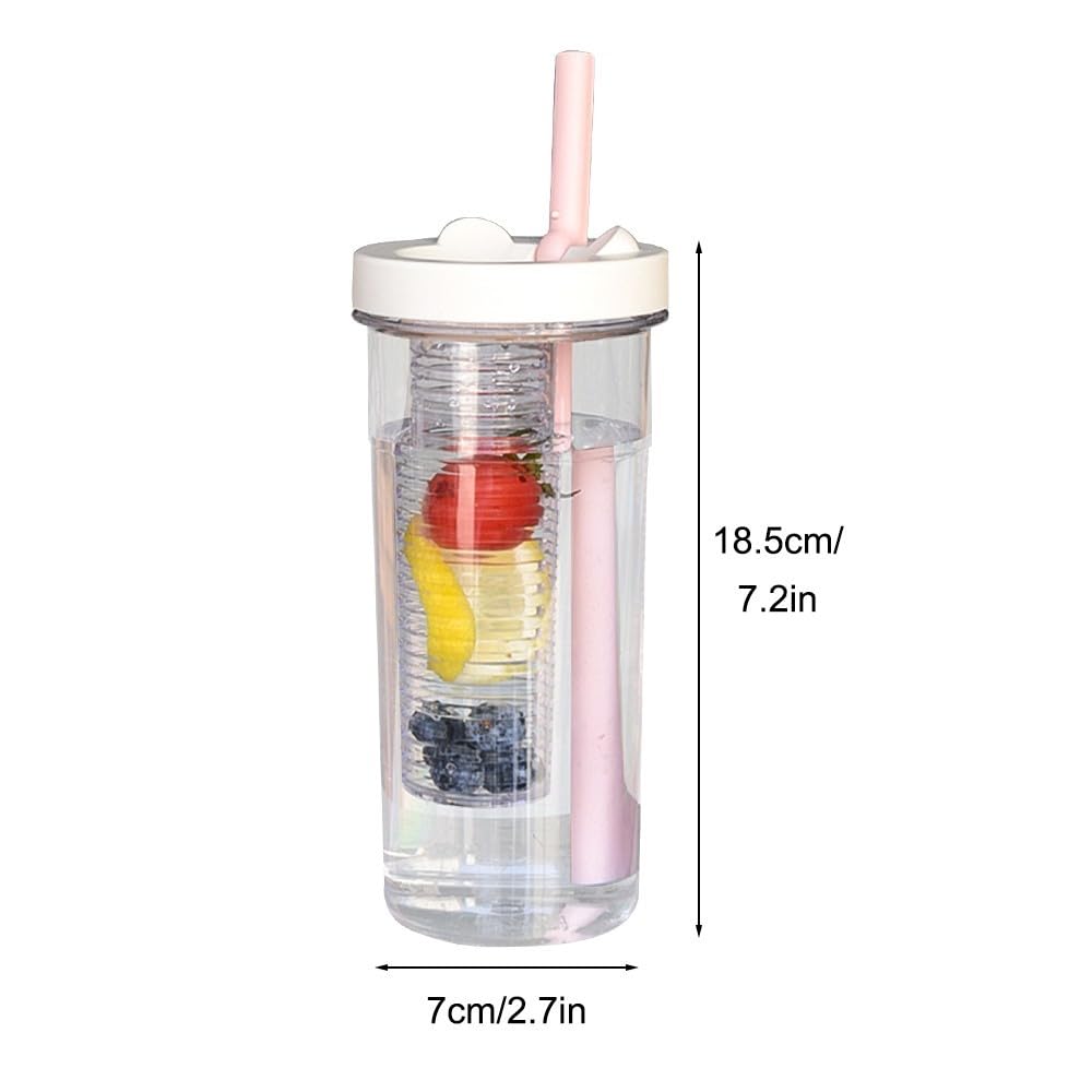 Wasserflasche mit Fruchteinsatz, faltbare Trinkflasche Strohhalm(White,600 ml)