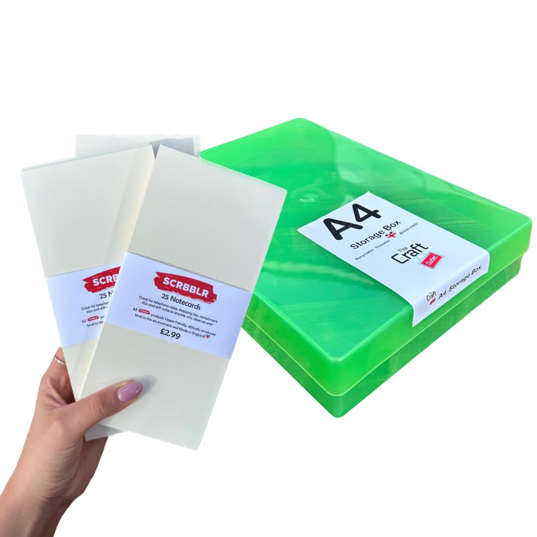 Green Translucent A4 Plastic Craft Storage Box with Lid Plus 75 Notecards for Organising and Storing Paper and Card, Hobby Supplies, etc – 1.3 Litre Volume