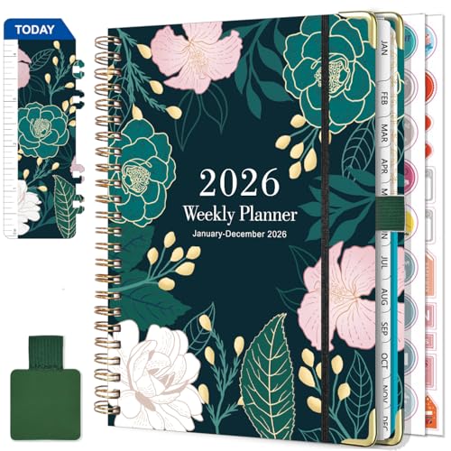 NEYSA Agenda 2026 Semainier Spirale de Janvier à Décembre 2026 (12 mois) A5 Agenda Scolaire Avec boucle de stylo,Règle Signet & Autocollants de plan (Vert et rosa)