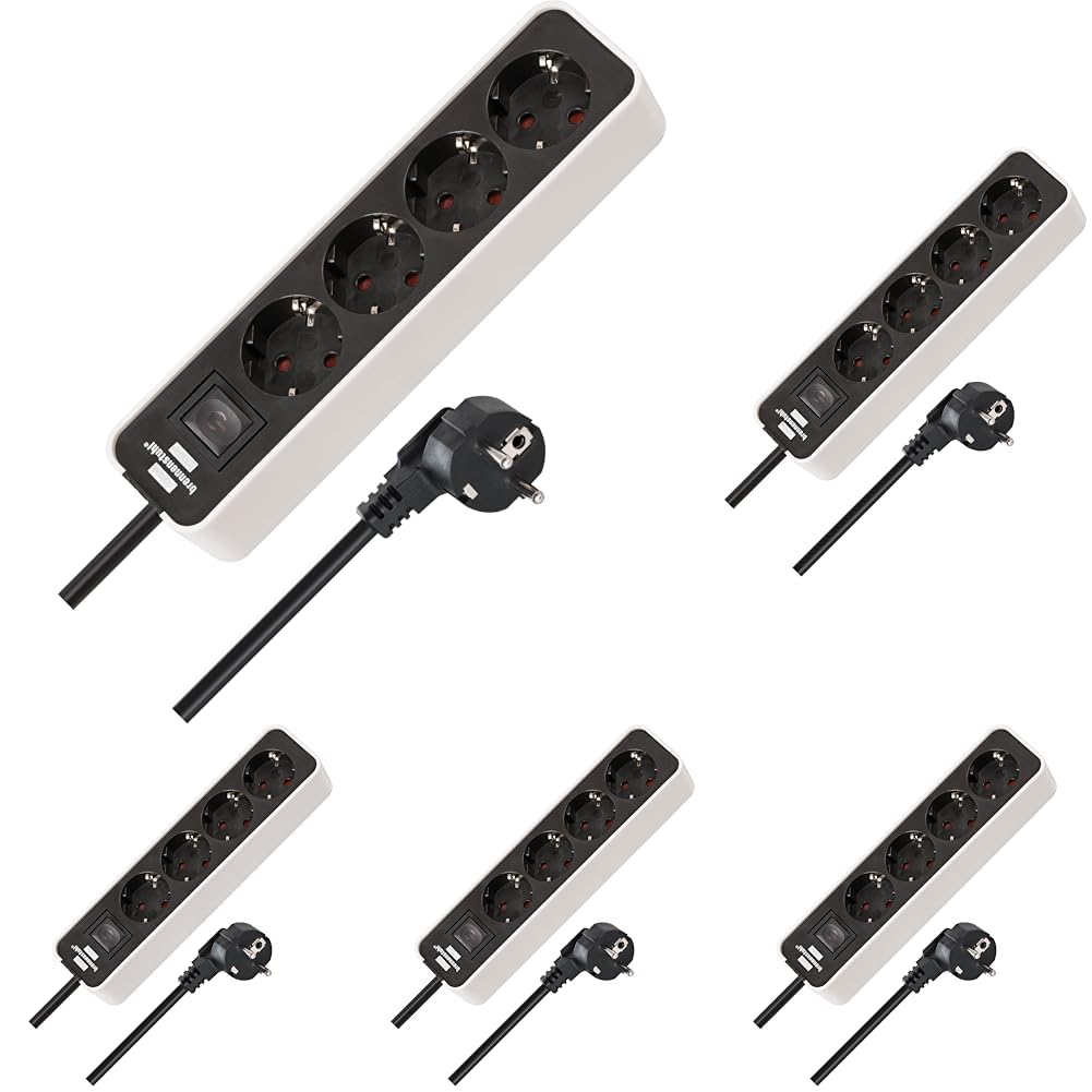 Brennenstuhl Ecolor regleta enchufes con 4 Tomas Corriente (Cable de 1,5 m, con Interruptor) Color Blanco/Negro (Paquete de 5)