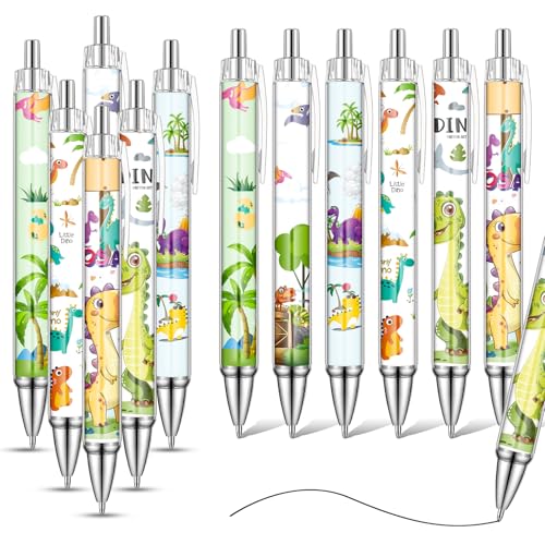 Rdlobu Juego de 12 bolígrafos retráctiles con diseño de dinosaurios, 1,0 mm, tinta negra para artículos escolares, regalos de fiesta de dinosaurios