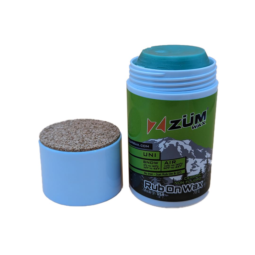 ZUMWax Rub-On Ski/Snowboard/Nordic/Cross-Country CERAMIC Wax 70g, All Conditions, Easy cork applicator, long-lasting performance, vanilla scent, Made in USA, PFAS-free, Great quick waxing on the go