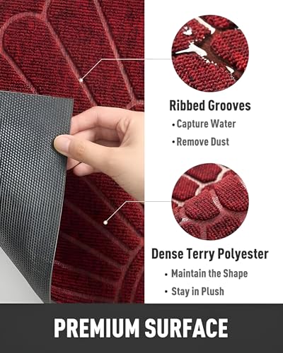 Image of Semi-Circle Durable Rubber Non Slip Front Door Mat for Outside Inside Entry Entryway | Dirt Trapper Welcome Mat for Muddy Paws and Shoes, Maroon, 45x75 cm
