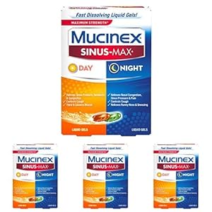 Mucinex Sinus-Max Max Strength Day & Night Liquid Gels (24ct) Relieves Sinus Pressure and Congestion, Headaches, Pain, Runny Nose, Sneezing, Thins and Loosens Mucus, Controls Cough (Pack of 4)