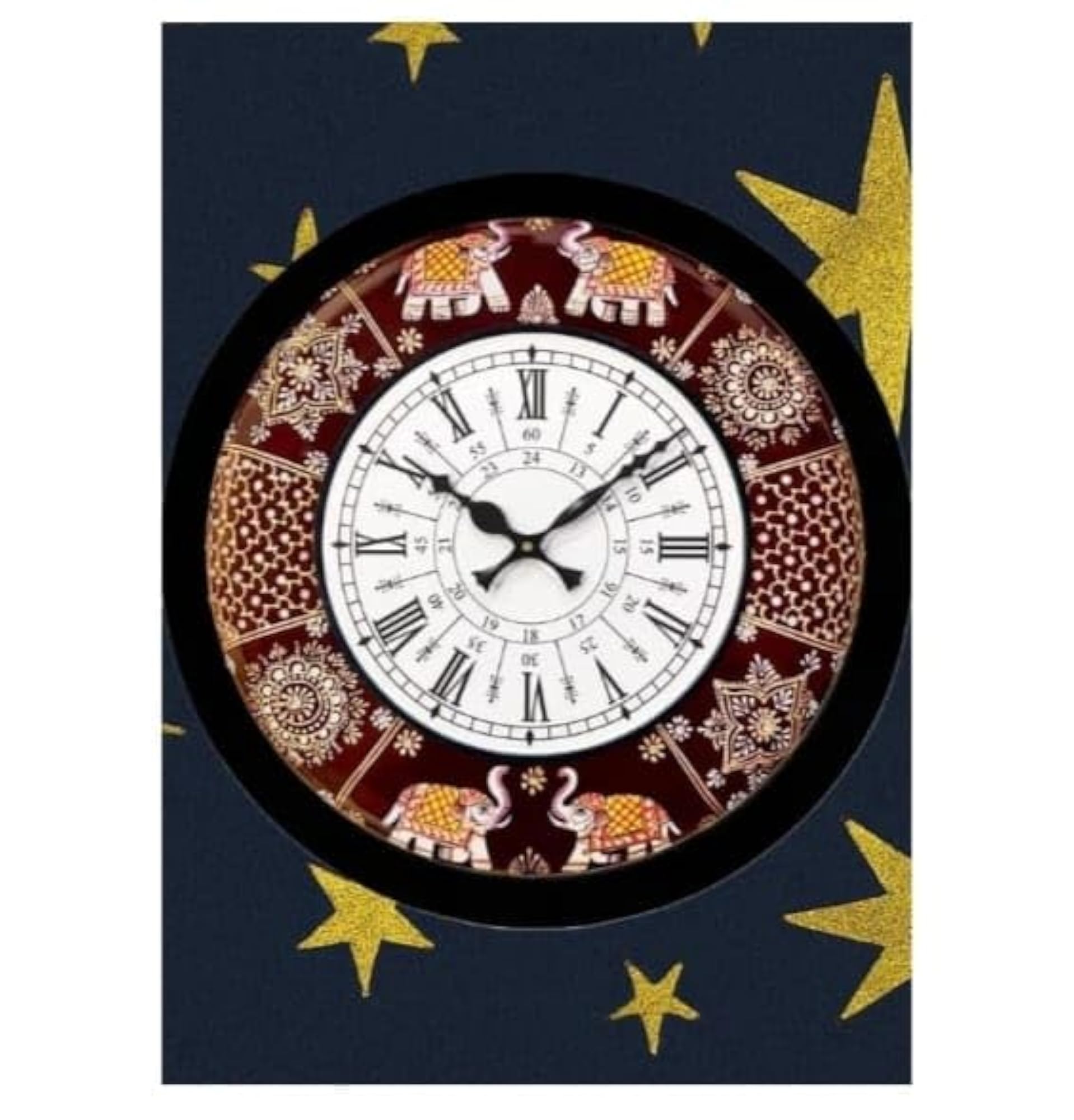 Decorative Wall Clock with Rajasthani Elephant Design, Round Analogue
