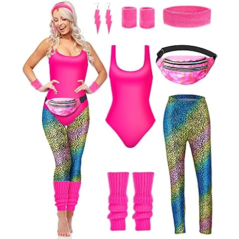 7 Pieces 80s Workout Costume 80s Accessories Set 80s 90s Leotard Legging Headband Wristbands Leg Warmers Earrings Fanny Pack (L) Cover