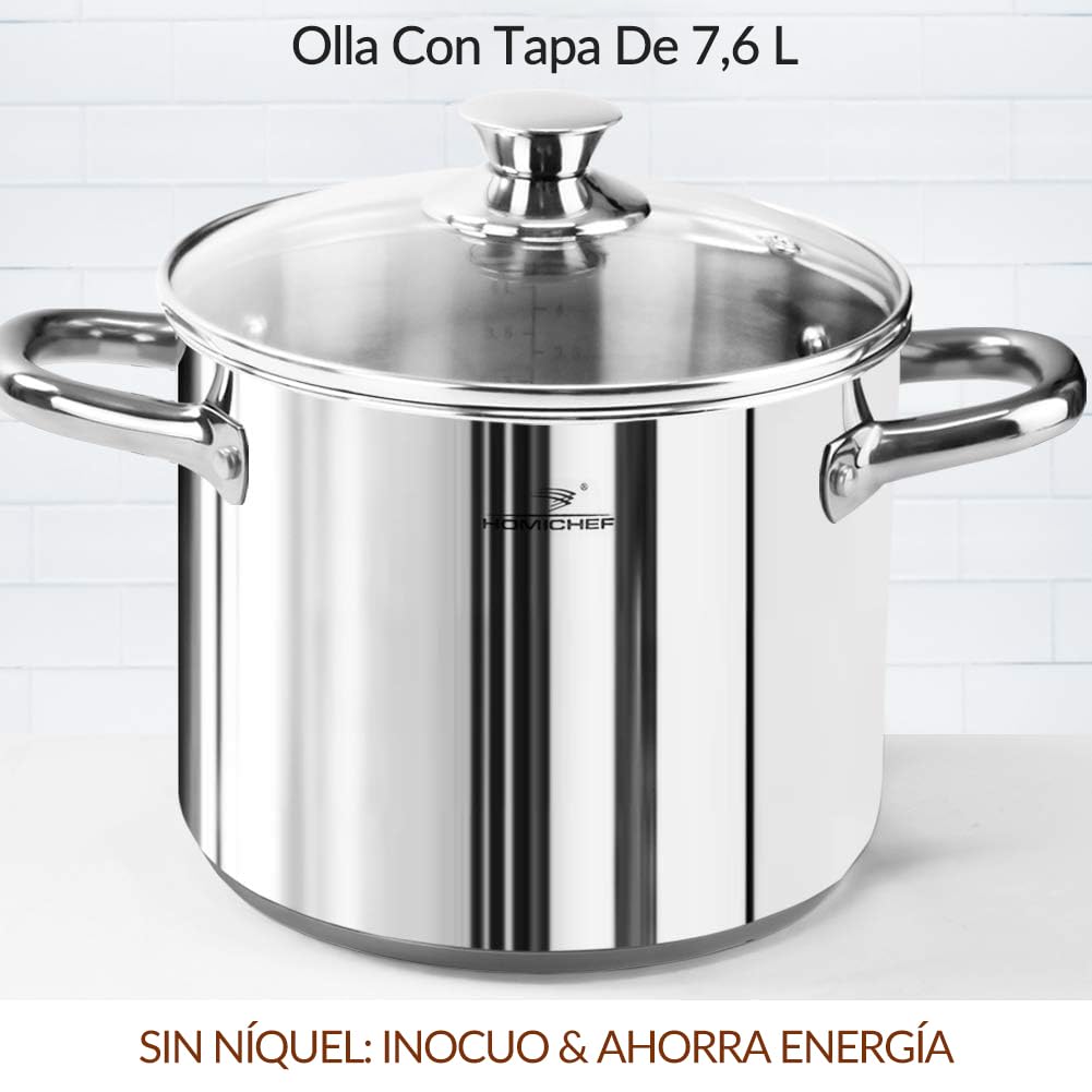 HOMICHEF Juego de utensilios de cocina de acero inoxidable sin níquel de 14 piezas - Ollas y sartenes sin níquel - Juego de utensilios de cocina no tóxicos - Batería de cocina de inducción saludable