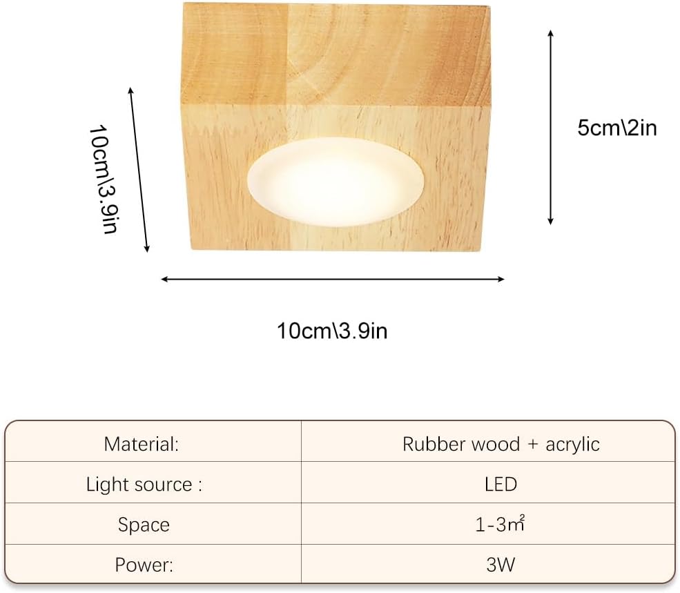 3.9" Square Spot Light Fixture Wood Ceiling Spotlight, 3W LED Semi Flush Mount Downlight Accent Lamp, Wooden Ceiling Spotlights for Living Room Hallway Restaurant(Wood-3000K)