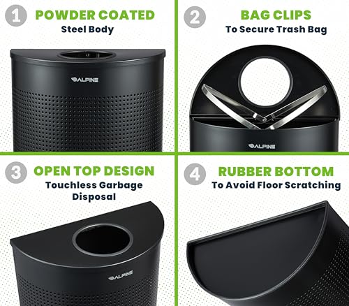 Image of Alpine Half Round Trash Can Open Top - Modern Black Metal 12 Gallon Half Moon, Space Saving Indoor Commercial Trash Cans with Lid, Narrow Garbage Can for Bathroom, Office, Lobby and Business.