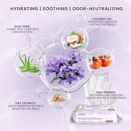 Image of IMMHABI 100 Count Cleaning Deodorizing Pet Glove Wipes for Dogs & Cats, Hypoallergenic Dog Bath Wipes with Natural Deodorizer Persimmon Tannin, Pet Bathing Wipes for Horse Coat Care Lavender Scent