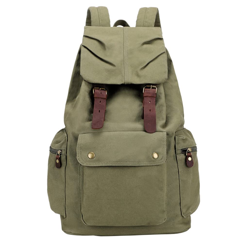 Zaino Casual in Tela e Pelle Vintage-Doppia Chiusura a Coulisse e Bottoni in Ottone Capiente per Laptop Viaggio e Trekking #240 (Verde Oliva)