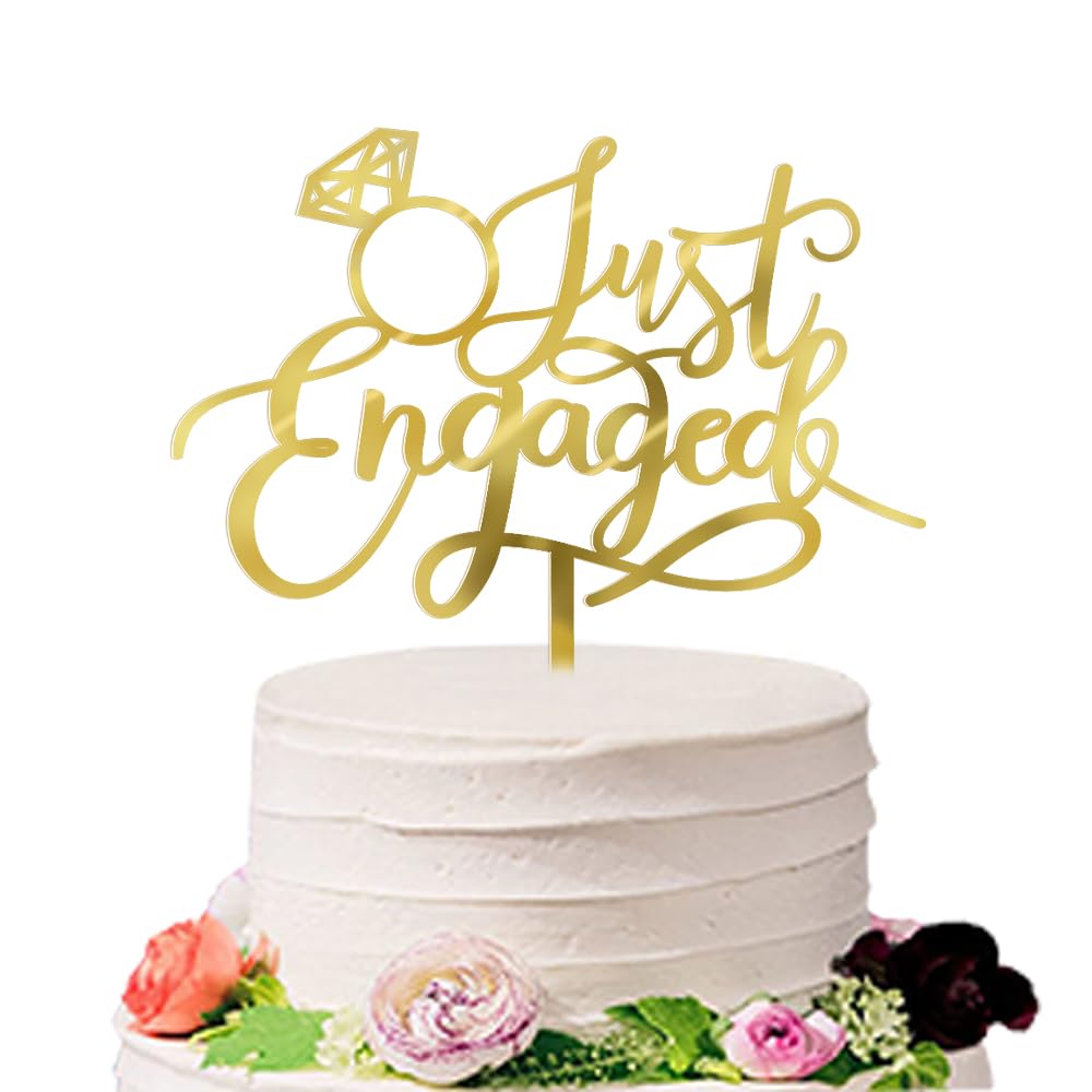 Sodasos Just Engaged Cake Topper for Engagement Party Decorations, Engaged Ring Sign,We're Engaged Cake Toppers (double-sided gold acrylic)