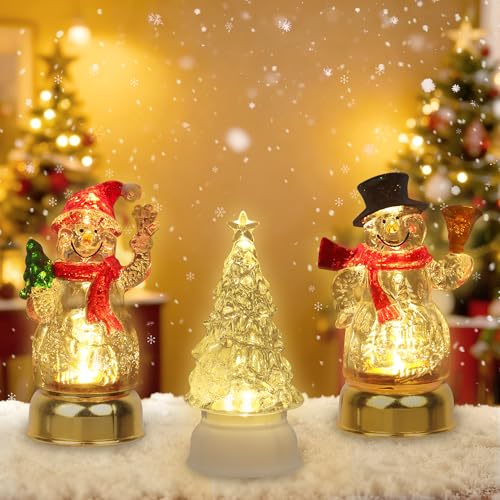 Synther Tabletop Christmas Decorations Christmas Snowman Glitter Lantern 3pcs LED Acrylic Xmas Lamp Lighted Acrylic Christmas Tree Ice Crystal Led Xmas Lights for Home Study Bedroom Office Desk