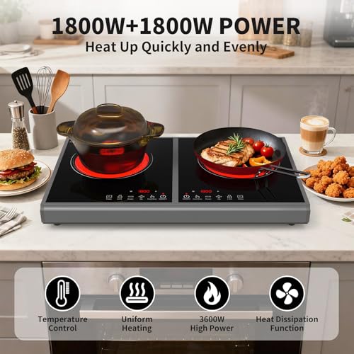 Image of GIHETKUT Electric Cooktop,110V 3600W Stove top, 20 inch Countertop with 9 Power Levels,LED touch control,Overheat Protection,Child Safety Lock & Timer,touch control 2 burner Electric cooktop