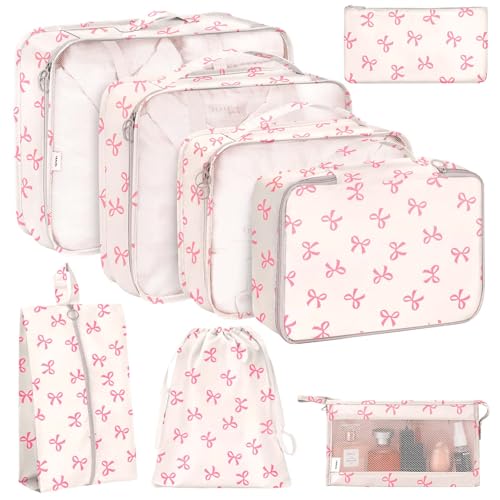 KPX 8 Set Packing Cubes for Travel Luggage Packing Organizers Accessories Large Toiletries Bag for Clothes Shoes Cosmetics (8Set-Pink Bow)