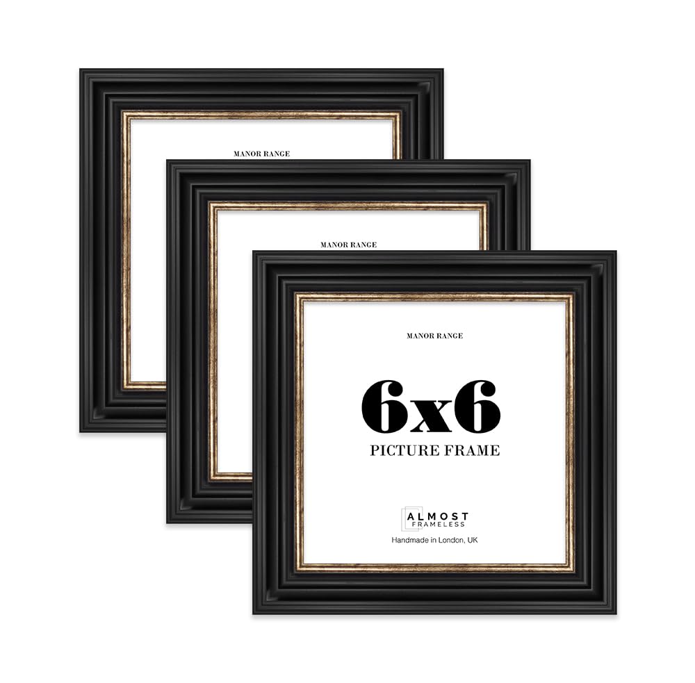 6x6 Picture Frame, Display 6x6 Pictures (15.2 x 15.2cm) - Black & Gold Bold 42mm Edge Room Decor - 3 Pack