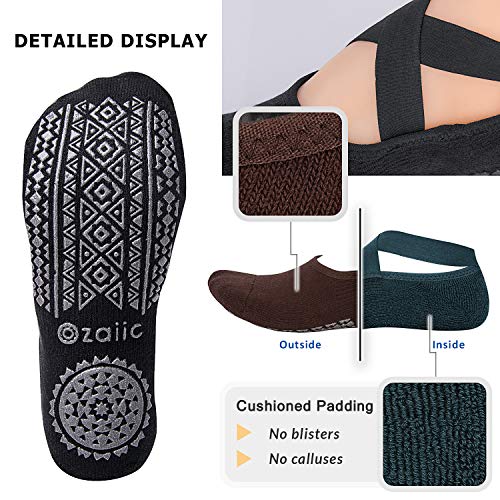Ozaiic Pilates Socks for Women Non Slip Grip, Yoga Socks with Grippers for Barre, Hospital, Ballet, Dance, Barefoot Workout (4 Pairs-Coffee/Green/Black/Gray, one_size) - Thumbnail 5