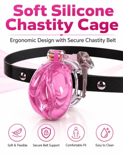 Image of Flat Chastity Cage Sissy Silicone Soft Realistic Vagina (See-Through Pink) | DINGYAN Vulva Soft TPE Material Micro Chastity Device Breathable Penis Cock Cage Invisible Anti Erection BDSM Slave Training