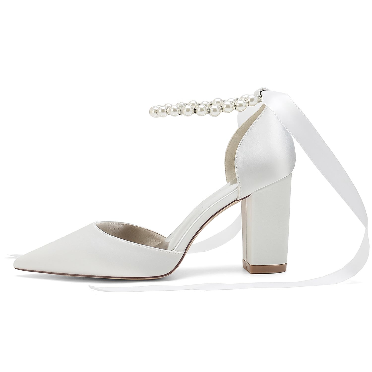 Zapatos tacón Alto para Novia, para Boda, para Mujer,Elegantes, con Punta Puntiaguda, Lazo satén, Perla,para Fiesta graduación,cómodas Sandalias de Baile con tacón Grueso