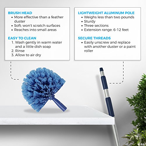 Image of Cobweb Duster Extendable 18 Foot High Reach Ceiling Fan Duster | 3-Stage Aluminum Telescoping Pole | Medium Stiff Bristles | Long Handle Webster Microfiber Duster for Cleaning | U.S Duster Co.