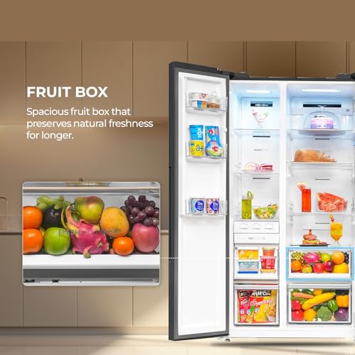 Image of Haier 596L Frost Free 2-Door Water Dispenser 3 Star Side by Side Refrigerator with Convertible, Wi-Fi, Inverter, Digital Display Panel, Deo Fresh Technology (HRS-682WGKU1, Graphite Black)