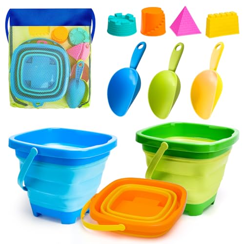 AuntyFey Collapsible Beach Toys Sand Toys for Toddlers 1-3, Beach Toy Sand Toy for Kids Ages 4-8, Collapsible Beach Sand Buckets Toys for Kids, Sandbox Toys for Toddler with Castle Sand Mold Shovel