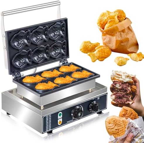 Commercial Taiyaki Fish Waffle Maker Machine,1600W Non-stick Electric Japanese Fish Shaped Waffle Cones, Stainless Steel Professional Taiyaki Machine,Making 6 Mini Closed-Mouth Fish waffles 110V