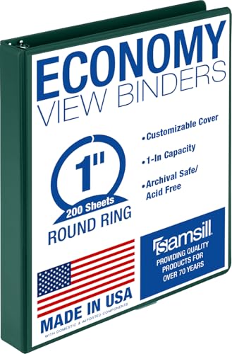 Samsill 1 Inch 3 Ring Binder Economy Round Ring Clear View Cover 200 Sheet Capacity - for School Home Office - Forest Green