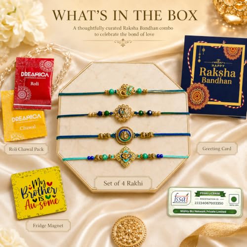 Image of Dreamica Set of 4 Designer Rakhi for Brother | Combo with 'My Brother is Awesome' Fridge Magnet, Tilak Set (Roli-Chawal), and Greeting Card | Best Rakhi Gift for Brother (Rakhi-91)