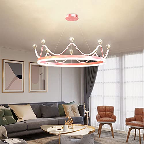 Suspension 50 cm Princesse pour Chambre de Fille, Lustre Couronne Rose et Or, Lampe LED Ronde Moderne à intensité Variable pour Chambre d'enfant ou...