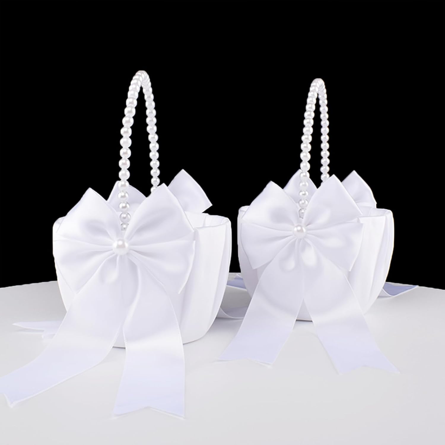 2 PSC Wedding Flower Girl Basket, Pearl Handle Cute Flower Basket for Flower Girl, White | Pearl Handle, Bowknot-Adorned Pearl Collection Basket for Weddings Perfect for Flower Girls to Carry, Sweet Wedding Decor