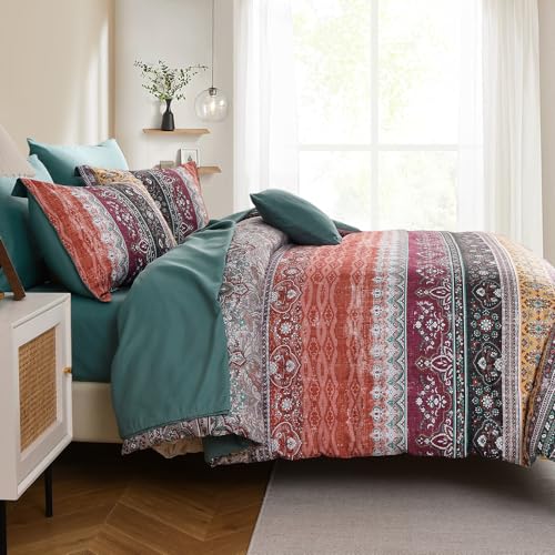 Image of Cottolester Boho Full Comforter Set 8 Pieces,Orange and Green Bohemian Striped Bed in a Bag, Paisley Soft Microfiber Bedding Comforter Set