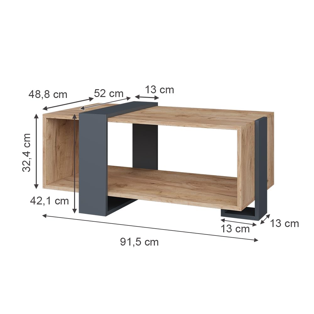 Vicco Tavolino Aven, Antracite/Rovere dorato, 91.5 x 52 cm, con ripiano aggiuntivo per libri e riviste