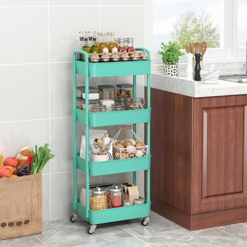 Image of Sywhitta 4-Tier Plastic Rolling Utility Cart with Wheels for Storage,Green | Multi-Functional Storage Trolley, for Office, Living Room, Kitchen, Bathroom,Movable Organizer,Space-Saving,Easy to assemble