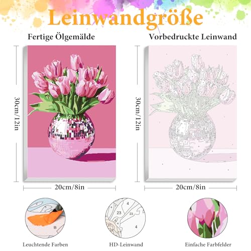 OkarinaArt Malen nach Zahlen für Erwachsene mit Rahmen – Discokugel & Blumen, Framed Paint by Numbers Set auf Leinwand für DIY Wanddekoration, 20 x 30 cm