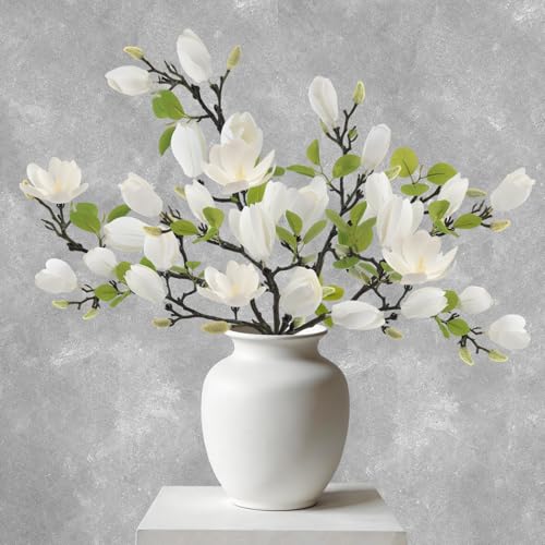 N&T NIETING 6 Pack Faux Magnolia Stems for Vase 22 Artificial White Magnolia Flowers Elegant Fake Magnolia Branches for Table Centerpieces Decor Wedding Living Room Home Decoration