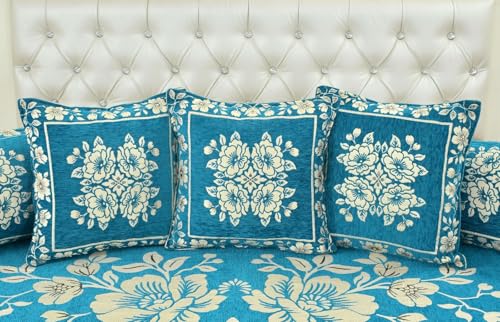 Image of Velvet L Shape Sofa Covers Set - Premium 7 Seater Sofa Slip Protector Covers for Living Room Decor - Exclusive Royal Look Heavy Fabric Slip Protector (Sky, Velvet Diwan Set (1+2+5))