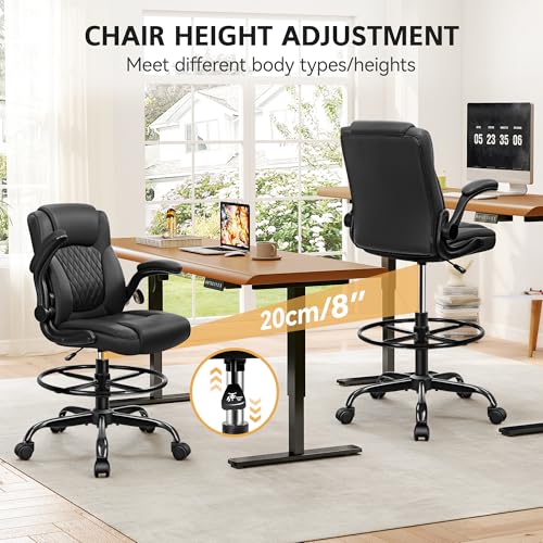Image of Drafting Chair, Tall Office Chair for Standing Desk, High Executive Leather Ergonomic Computer Chair with Adjustable Height and Flip-Up Armrest for Counter Height Desk, Black, Pack of 1