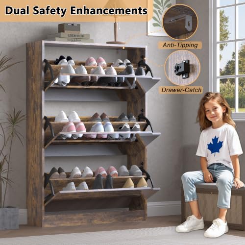 Image of BORNOON Shoe Cabinet with 3-Flip Mirror Drawers, Freestanding Shoe Rack Organizer with Hidden Handle, Slim Narrow Shoe Storage Cabinet for Entryway, Entrance, Hallway, Bedroom