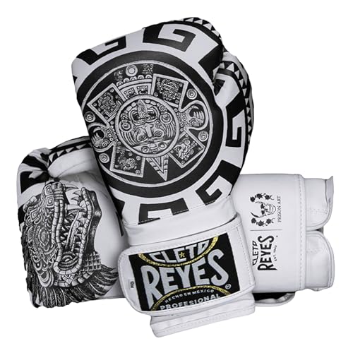CLETO REYES Training Boxing Gloves with Hook and Loop Closure for Sparring and Heavy Punching Bags, Men and Women, MMA, Kickboxing, Muay Thai, 12oz, Aztec Calendar White
