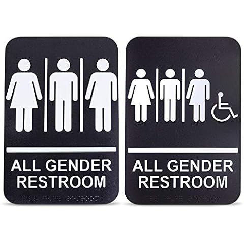 [2 Pack] All Gender Bathroom Signs for Business and Unisex Restroom Sign with Handicap - 6 x 9 Inch Braille Black White ADA Compliant Adhesive Toilet Signages for Offices Door and Restaurants Decor Cover