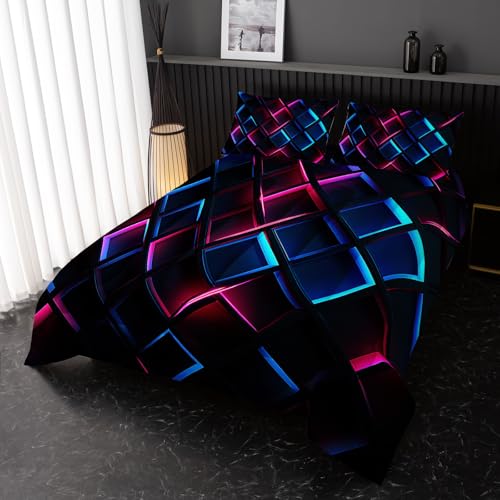Image of Nttopship Blue Black Geometric Comforter Set Full Size 3D Stereoscopic Square Bedding Set Honeycomb Bedding Set 3 Piece Modern Style Geometry Decor,Microfiber LightweightWith 2 Pillowcases