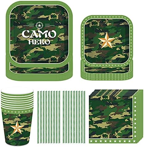 Camo Plates and Napkins Party Supplies, Camo Birthday Party Supplies Include Army Party Plates and Cups and Napkins Straws Sets, for Camouflage Army Party Decorations Serve 8