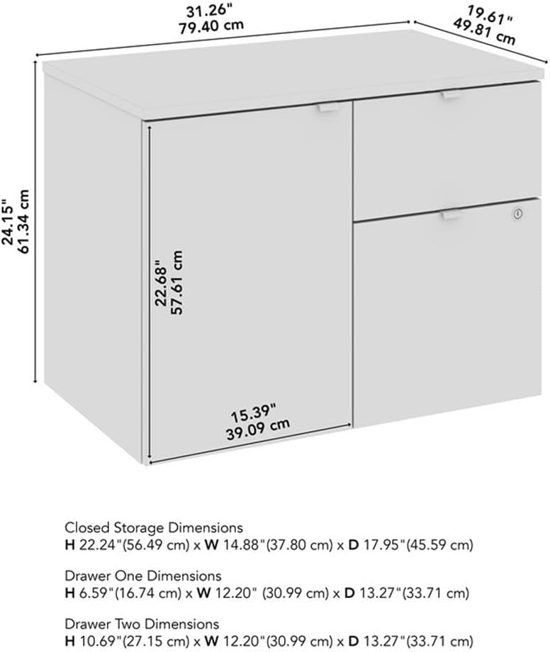 Pemberly Row 30W Freestanding Office Storage Cabinet, Natural Elm Finish, Lockable 2-Drawer Design, Adjustable Shelf, Durable Melamine Surface, Brushed Nickel Hardware, Modern Office Organization