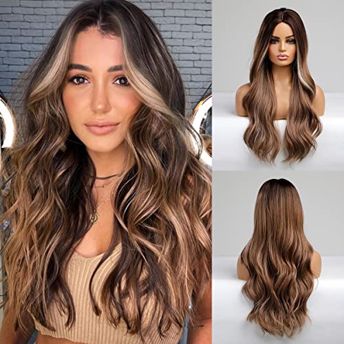 BASHA Long Wavy Golden Brown Highlights Ombre Full Wig Hair for Women Lady Girl Middle Part with Side Bangs Dark Black R