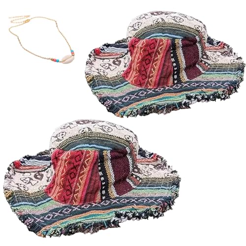 Frayed Patchwork Bucket Hat Shapeable Brim One-of-A-Kind Style Patchwork Multicolored Mushroom Hat for Men Women (2Pcs)