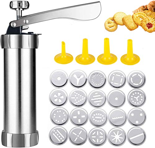 MEIJUBOL Cookie Press Stainless Steel Baking Kit Biscuit Gun with 20 Cookie discs and 4 Icing Tips